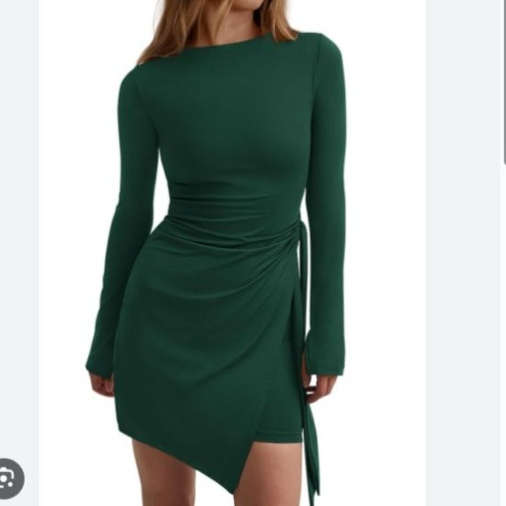 PrettyGarden Long Sleeve Asymmetrical Midi Dress Medium Green Rushed